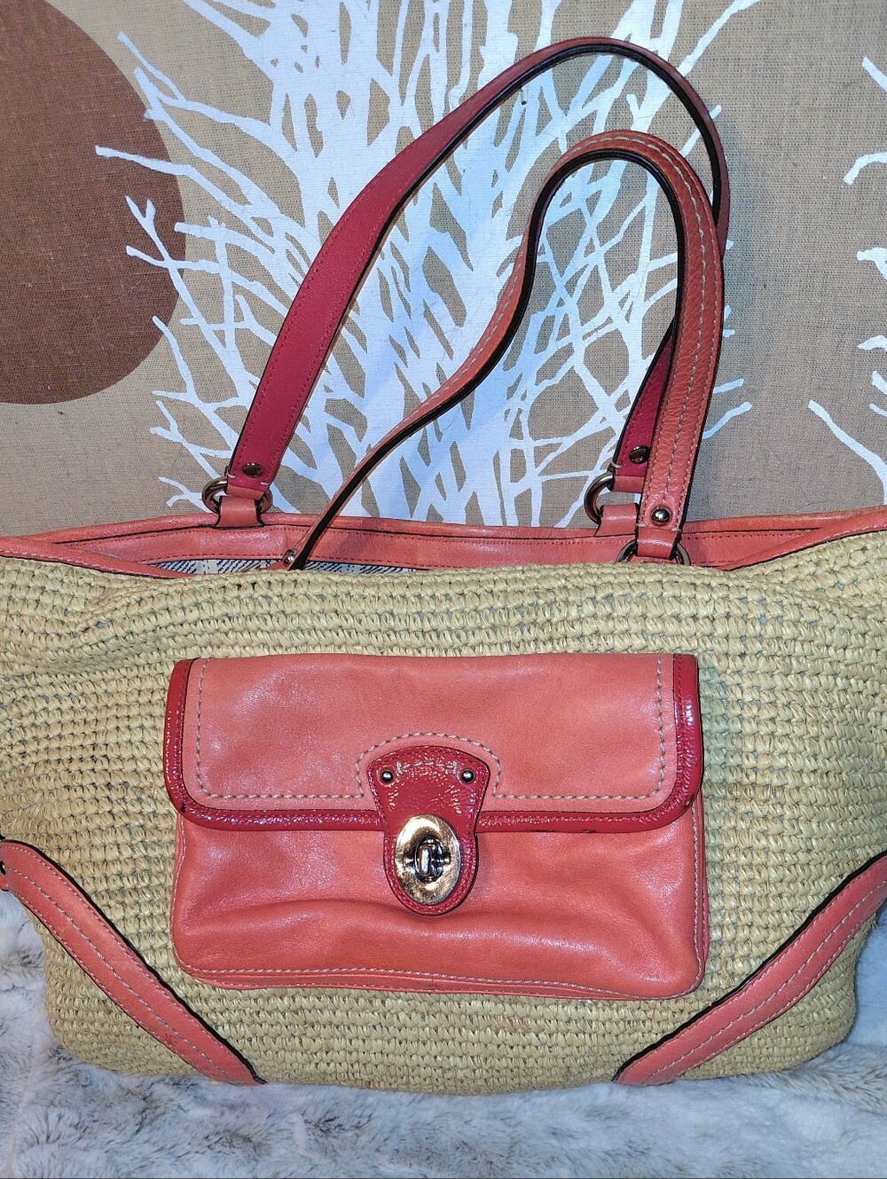 Coach Vintage Straw Tote with Tangerine & Red Leather Trim and Front Pocket